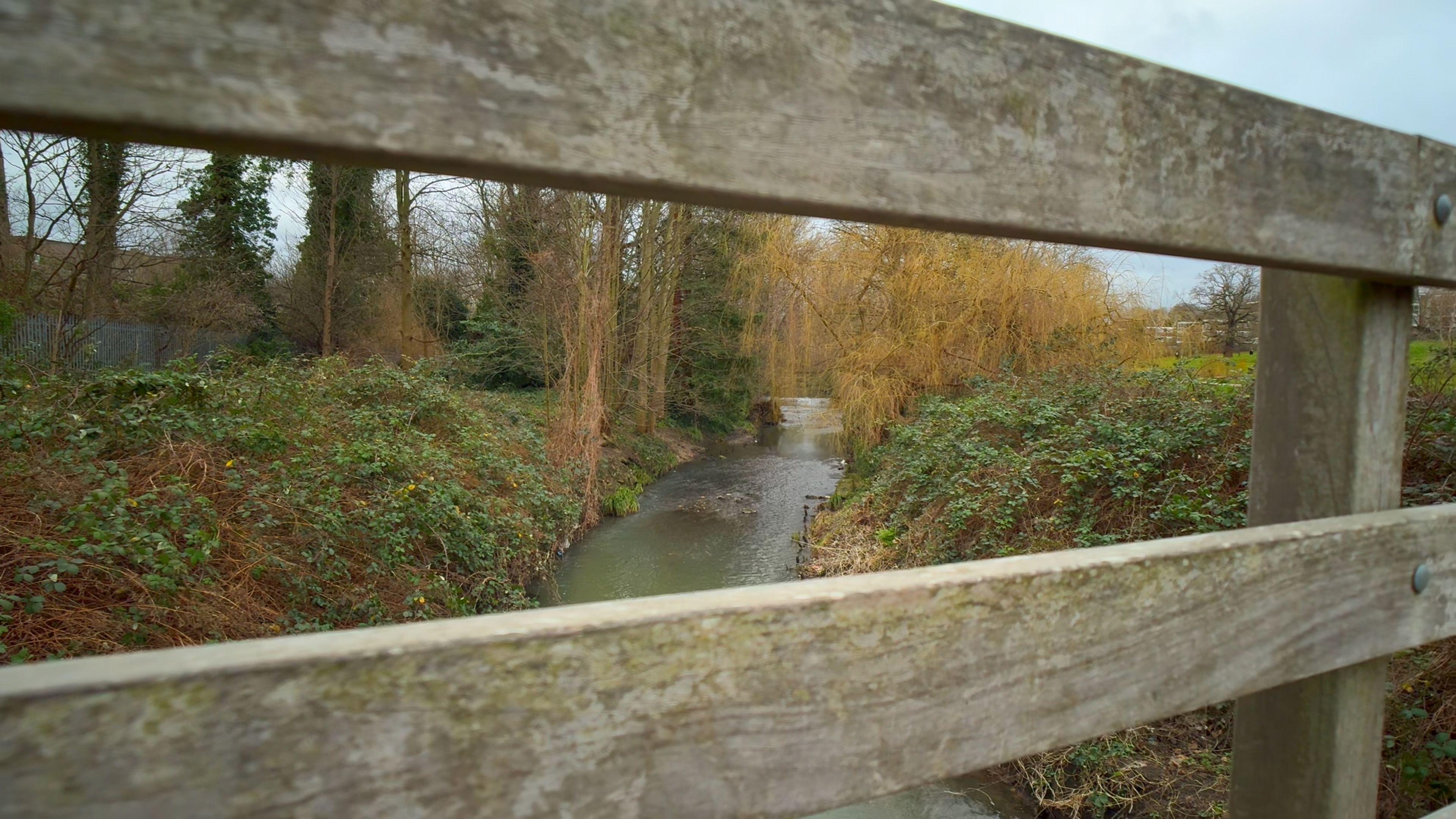 A river through bridge posts.