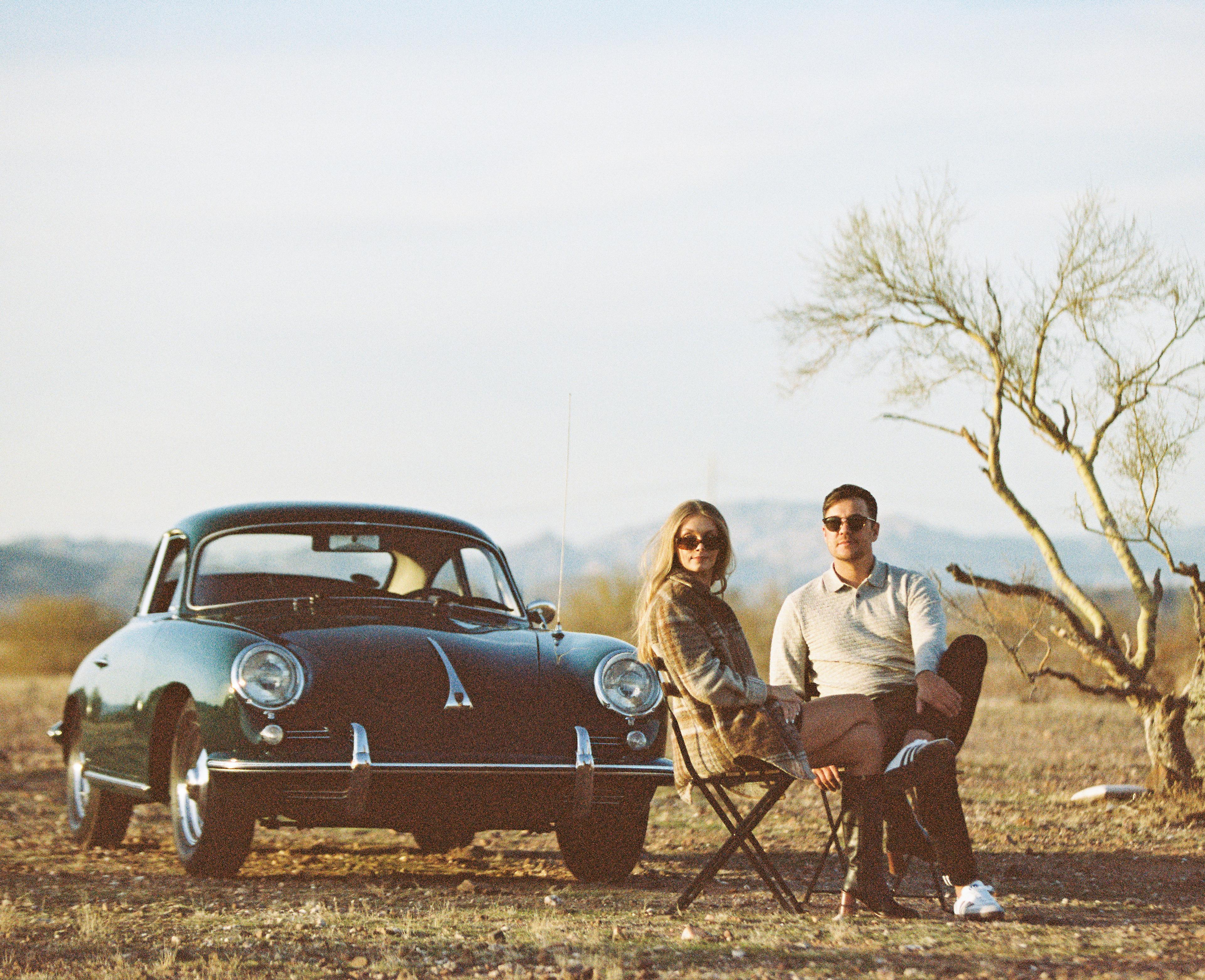 KJ in a vintage car at sunset shot by Natalie Carrasco.